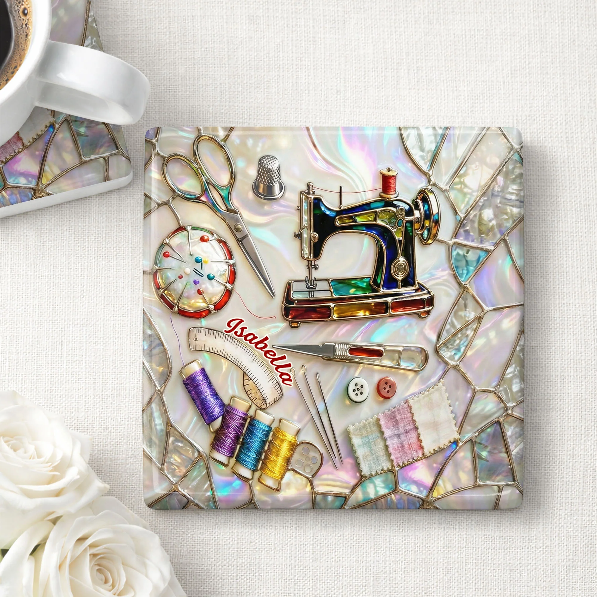 Vintage Sewing Machine And Tools Mosaic Design For Creative Soul - Personalized Custom Ceramic Coaster, Square Shape - JBS043_SOCO