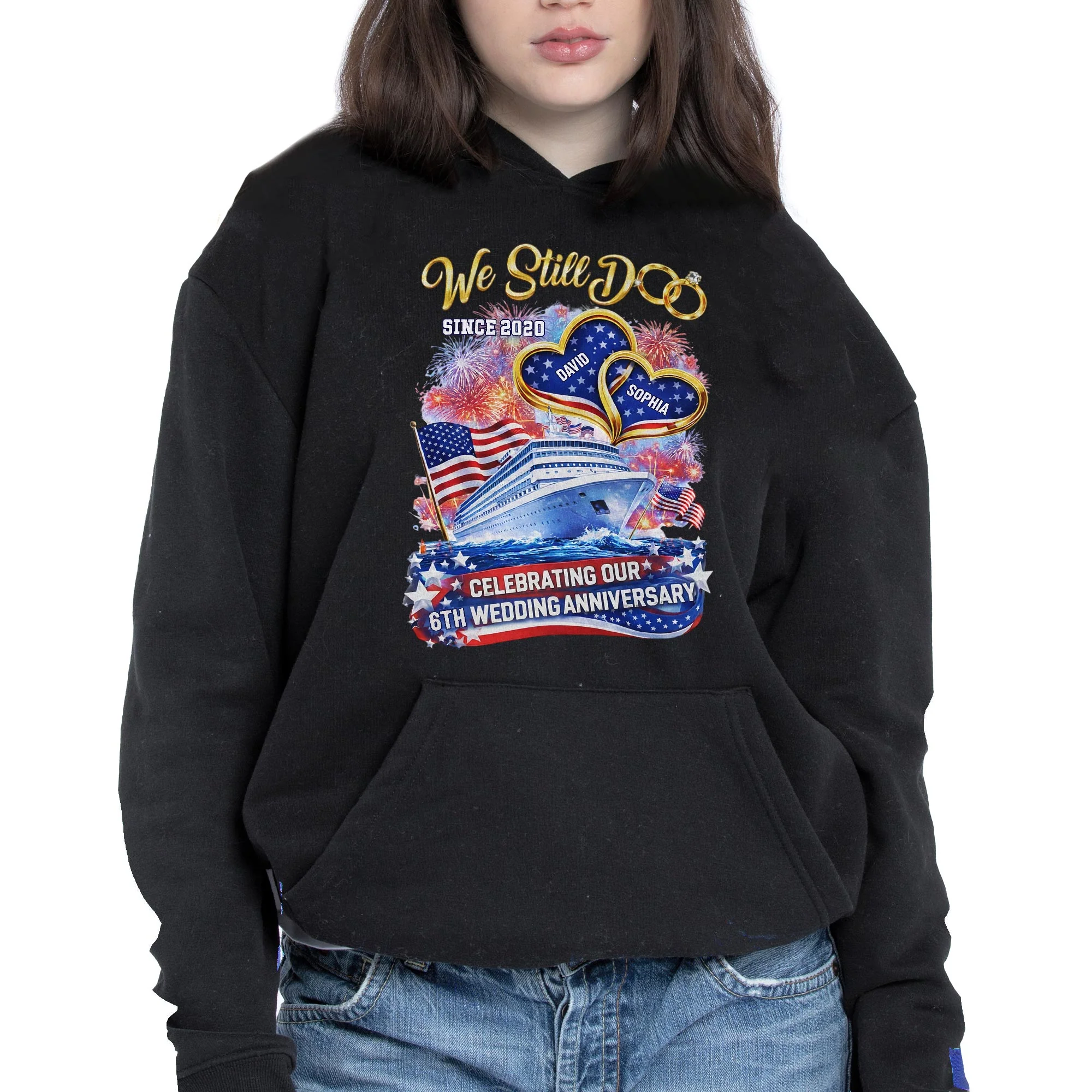 We Still Do Wedding Anniversary Cruise Ship With American Flag And Hearts - Personalized Custom Unisex T-shirt, Hoodie - CPL1412_BBAS - Image 3