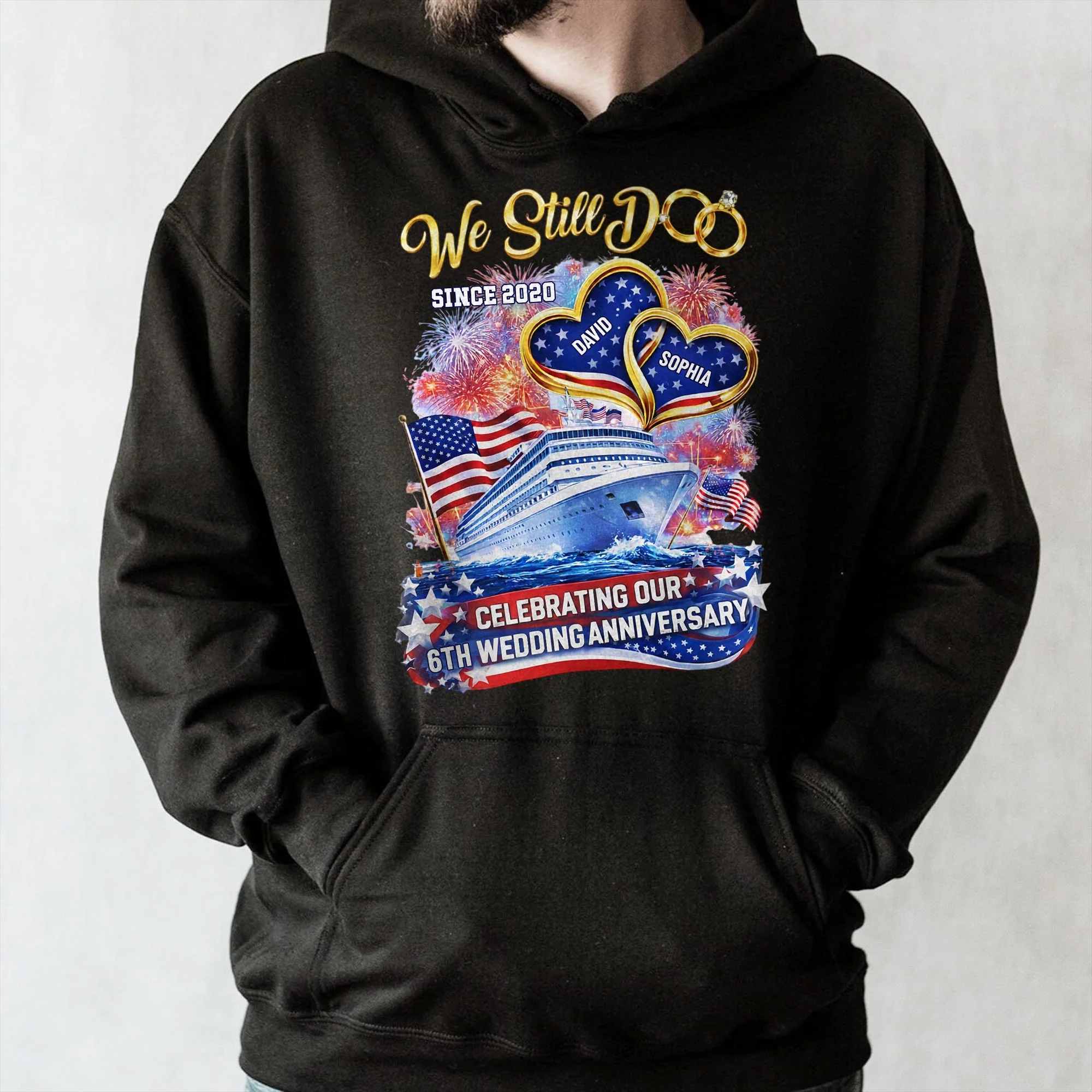 We Still Do Wedding Anniversary Cruise Ship With American Flag And Hearts - Personalized Custom Unisex T-shirt, Hoodie - CPL1412_BBAS - Image 7