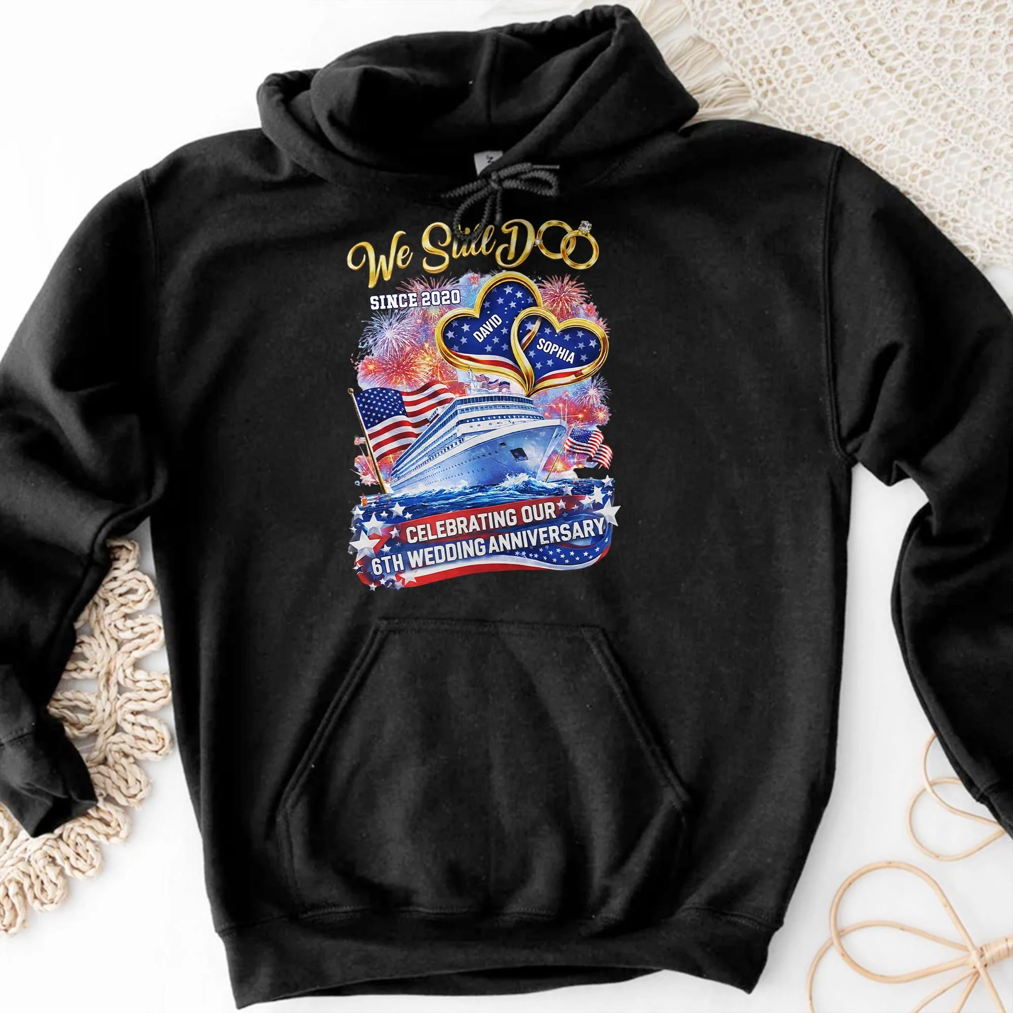 We Still Do Wedding Anniversary Cruise Ship With American Flag And Hearts - Personalized Custom Unisex T-shirt, Hoodie - CPL1412_BBAS - Image 9