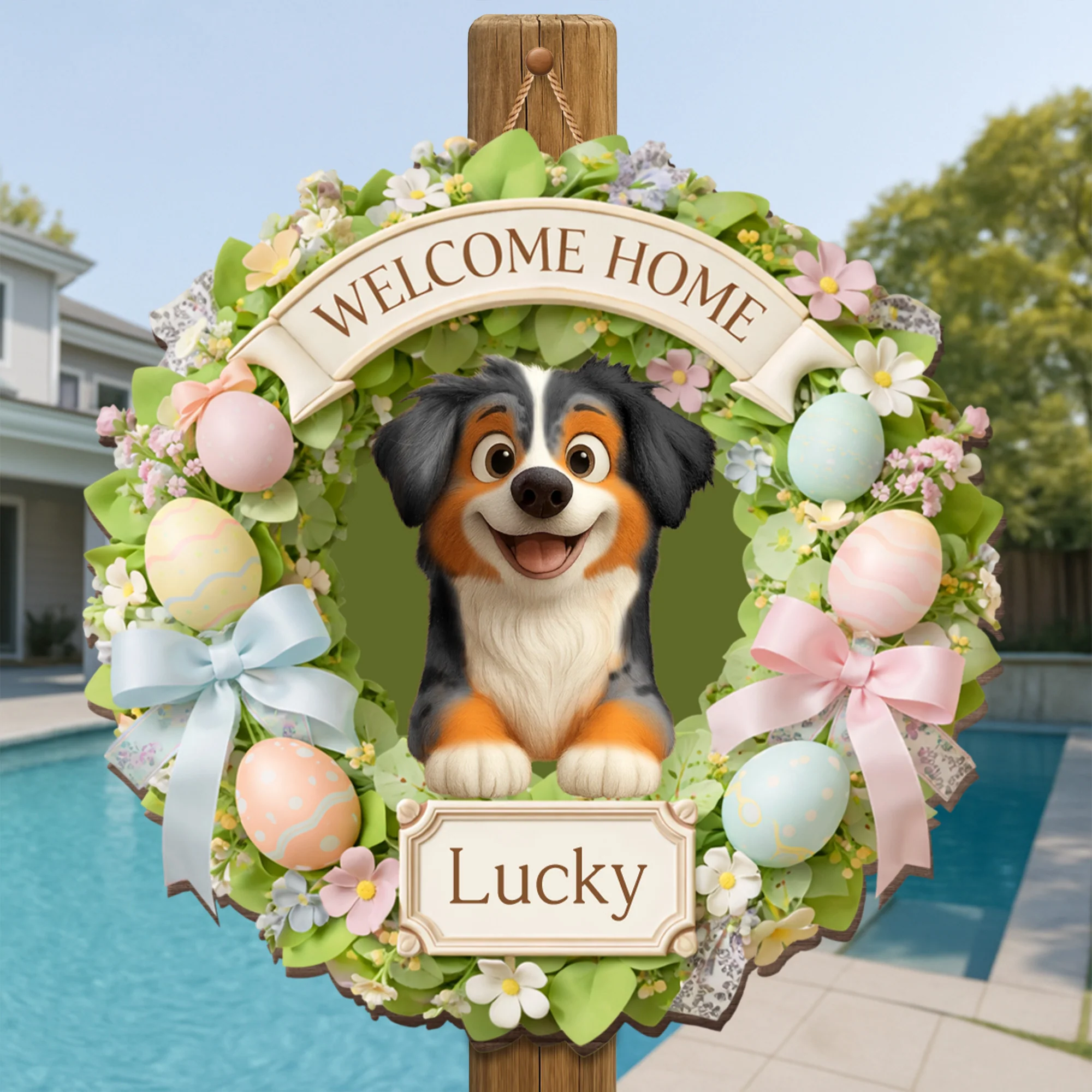 Welcome Home Dog Wreath With Flowers And Easter Eggs - Personalized Custom Shaped Wood Sign - DOG123_WSIGN - Image 2