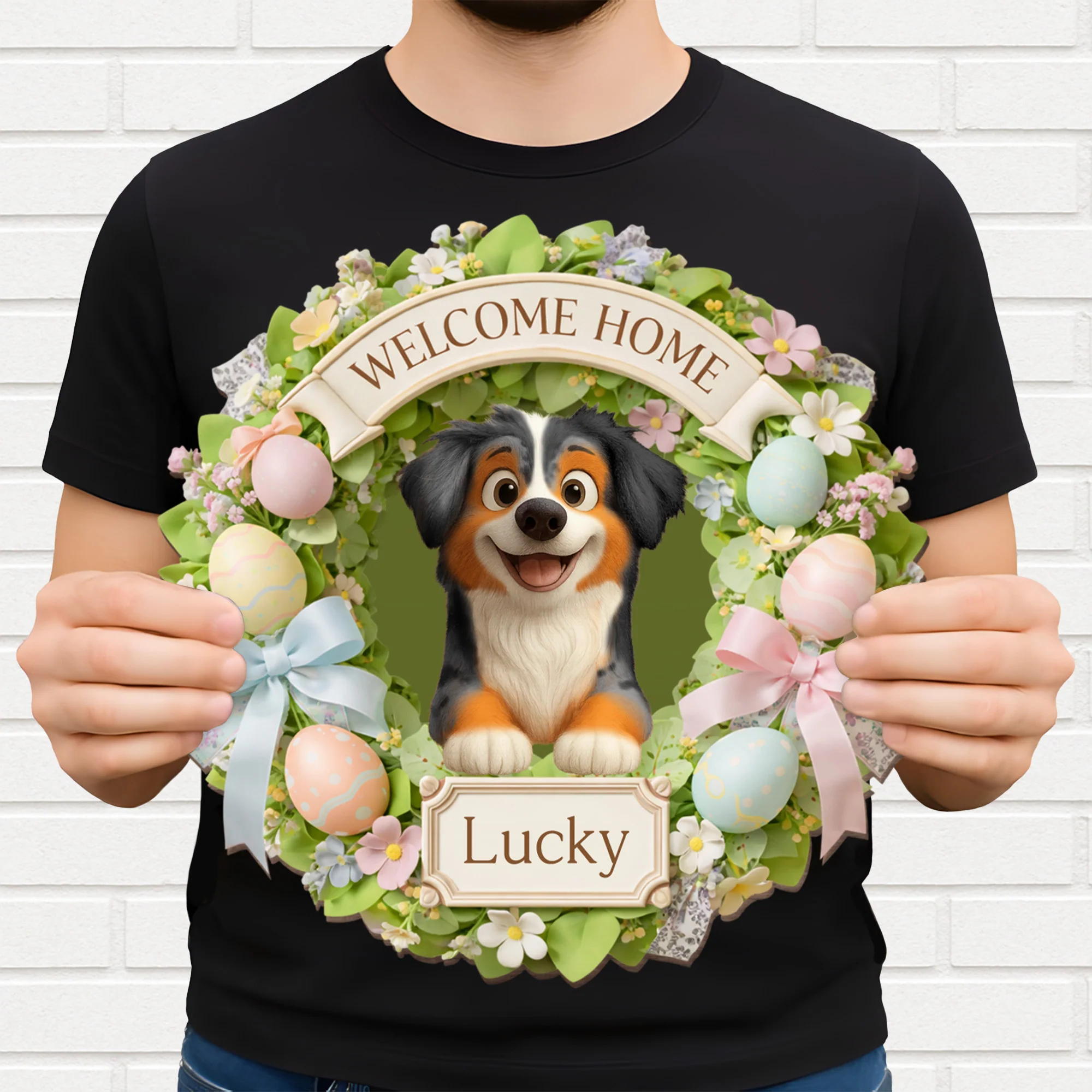 Welcome Home Dog Wreath With Flowers And Easter Eggs - Personalized Custom Shaped Wood Sign - DOG123_WSIGN - Image 3