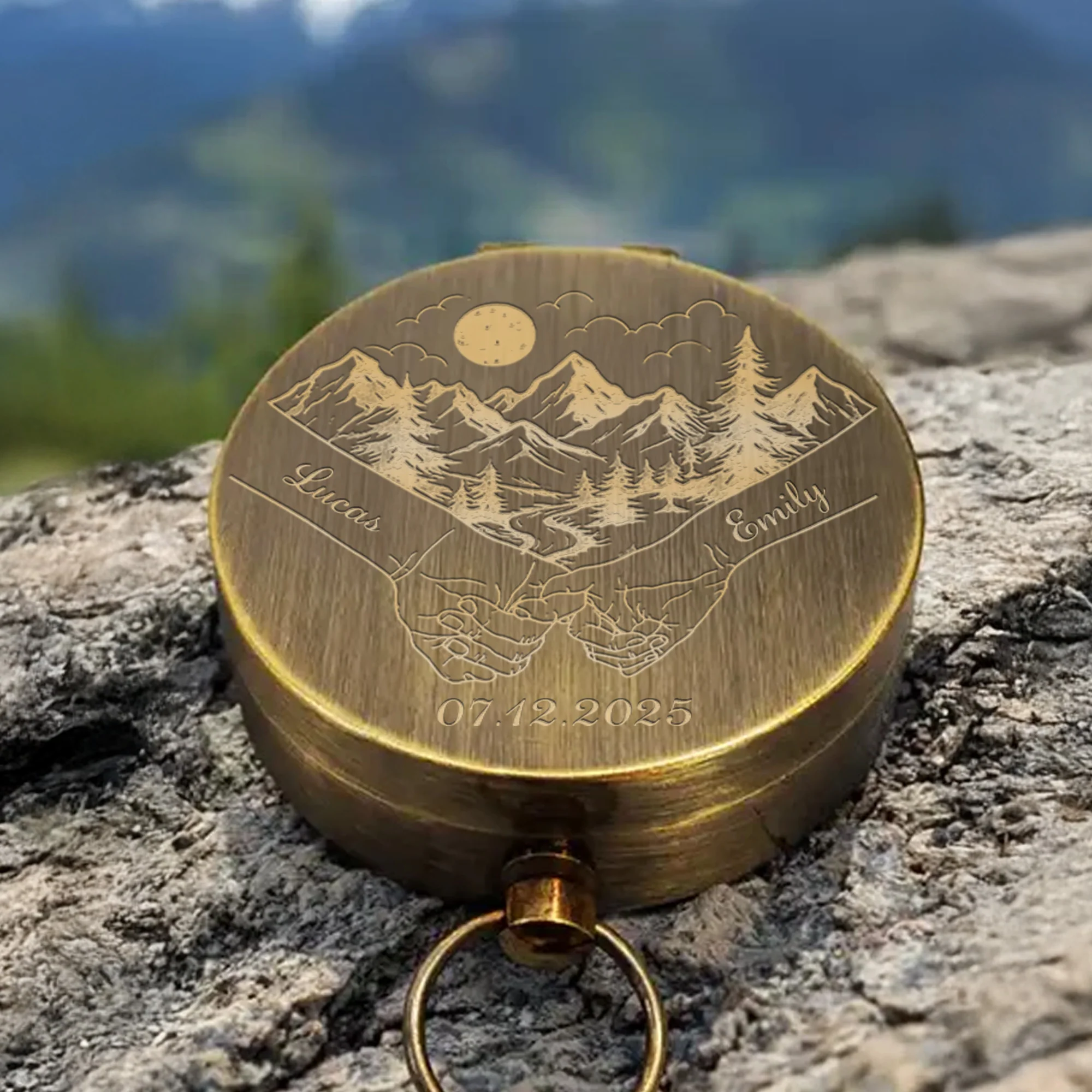 Wherever Your Adventures Take You Holding Hands Mountain Forest Scene - Personalized Engraved Brass Compass - CPL1413_ECPASS - Image 6