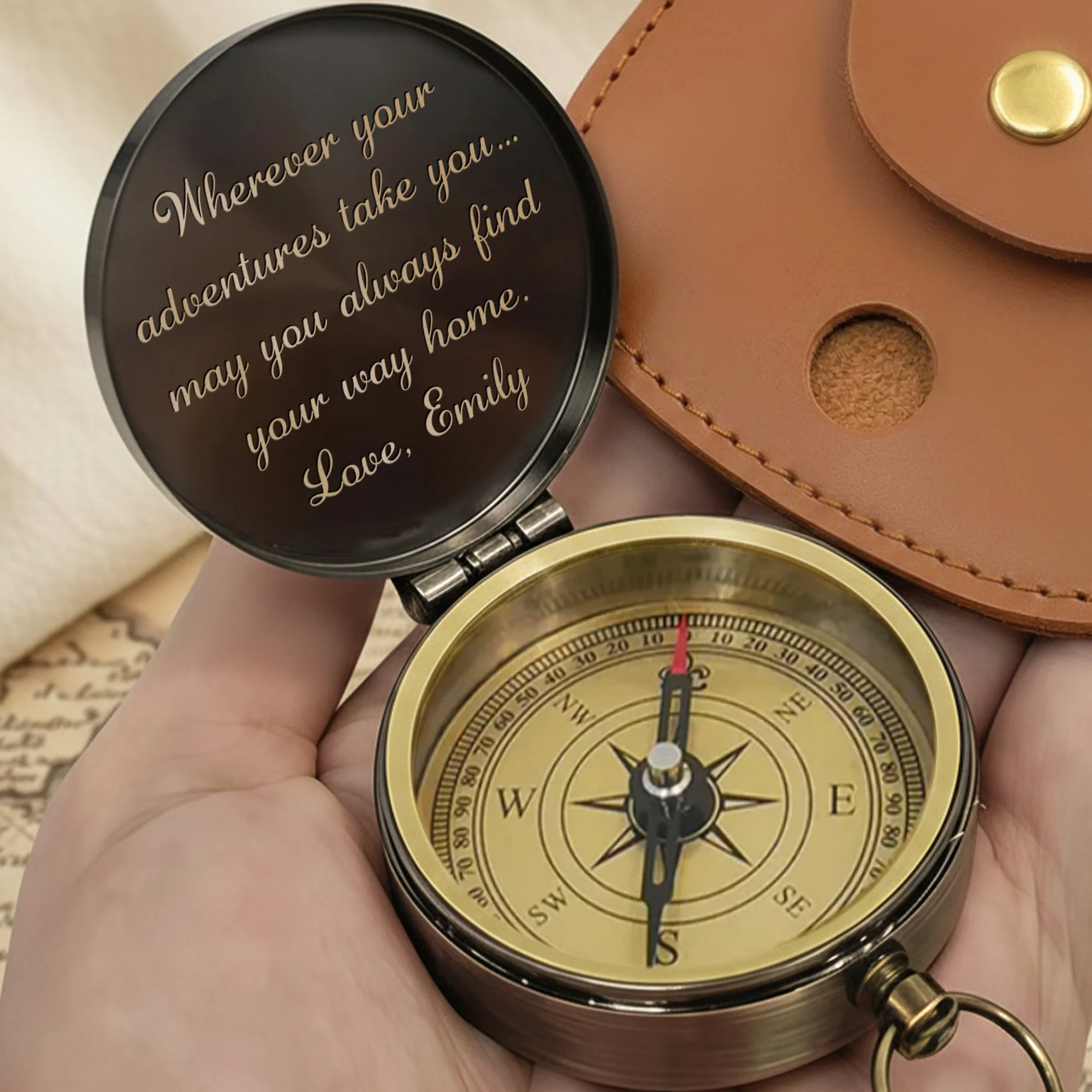Wherever Your Adventures Take You Holding Hands Mountain Forest Scene - Personalized Engraved Brass Compass - CPL1413_ECPASS - Image 8