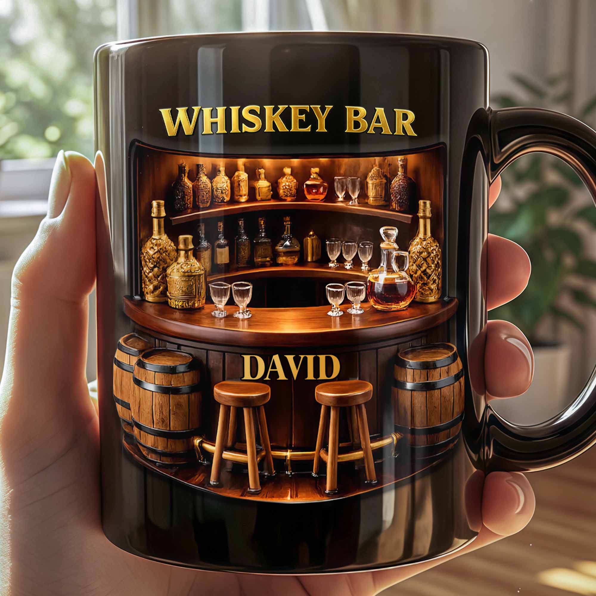 Whiskey Bar Custom Name Mug With Vintage Bar Counter And Wooden Barrels - Personalized Custom Black Mug - HOB143_BMUG