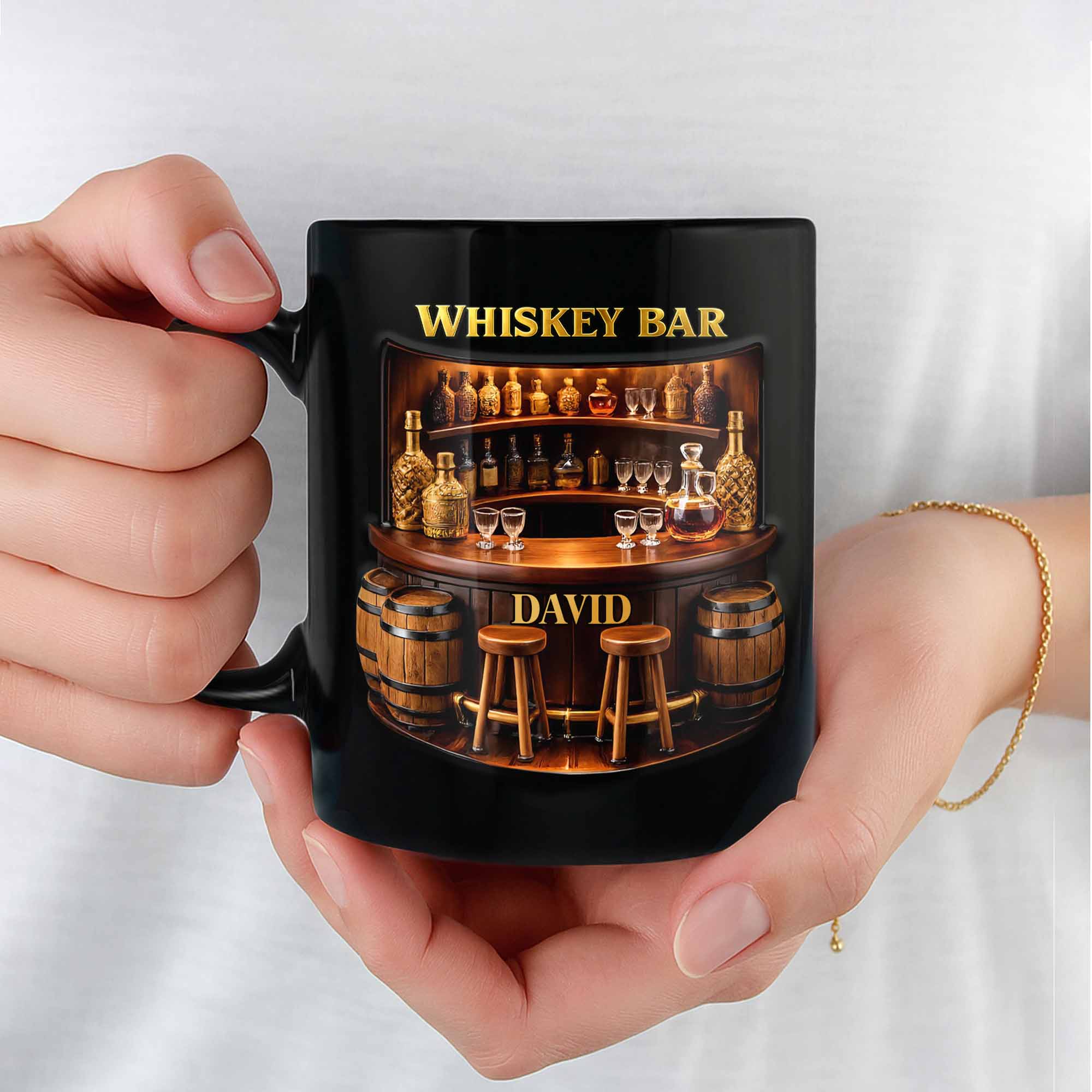Whiskey Bar Custom Name Mug With Vintage Bar Counter And Wooden Barrels - Personalized Custom Black Mug - HOB143_BMUG - Image 3