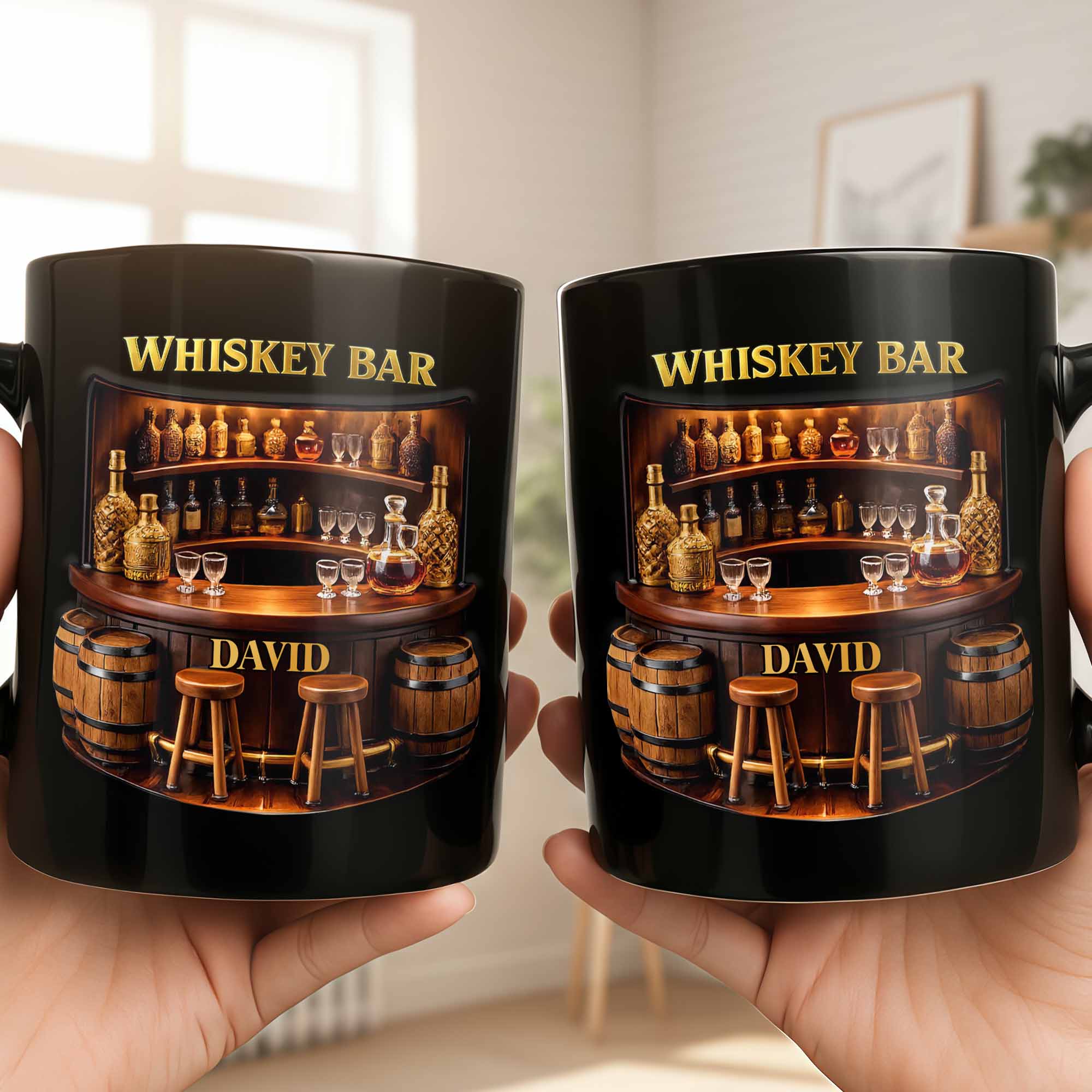Whiskey Bar Custom Name Mug With Vintage Bar Counter And Wooden Barrels - Personalized Custom Black Mug - HOB143_BMUG - Image 5