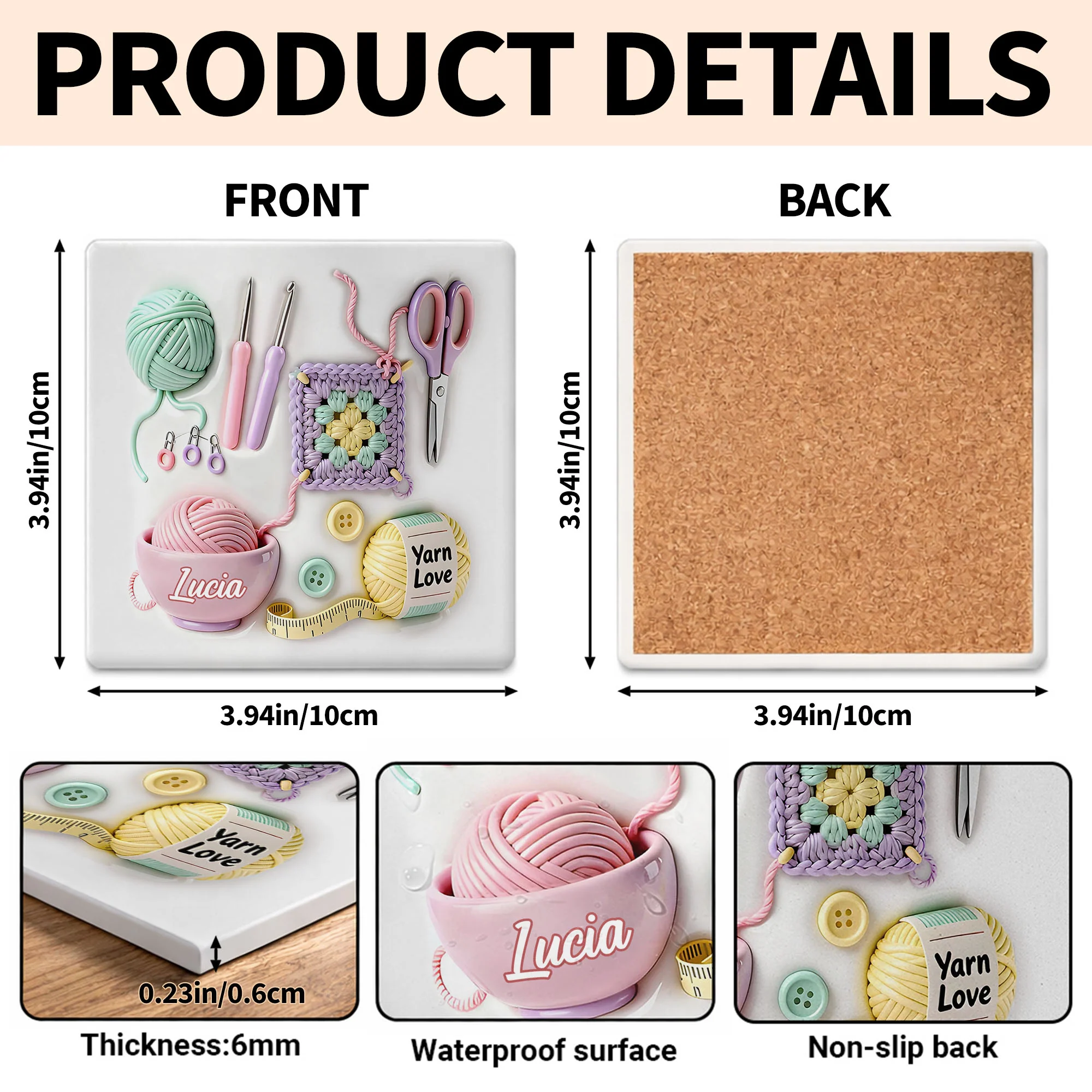 Yarn Love Personalization With Crochet Hooks And Yarn Balls Design - Personalized Custom Ceramic Coaster, Square Shape - HOB007_SOCO - Image 5