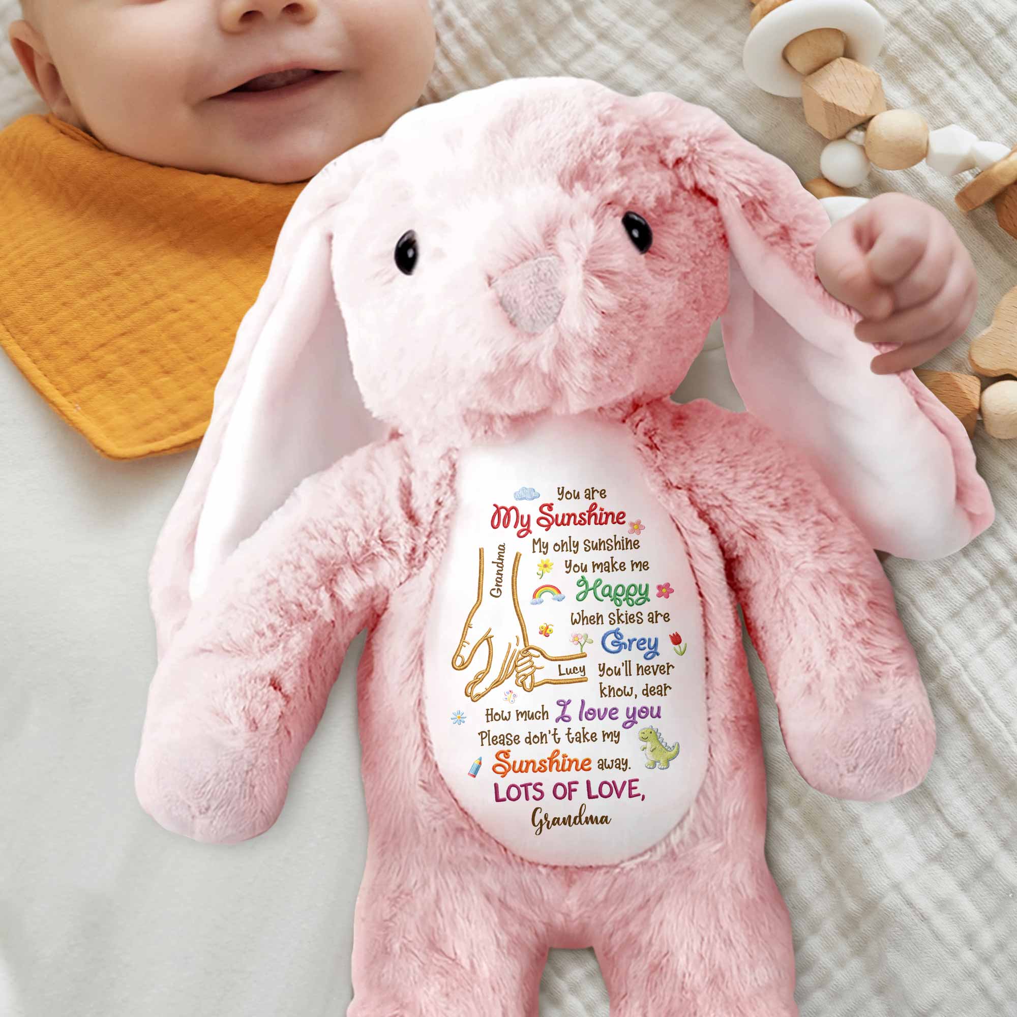 You Are My Sunshine Holding Hands Flowers And Dinosaur Personalized Plush - Personalized Stuffed Bunny - GRK122_BUN - Image 2