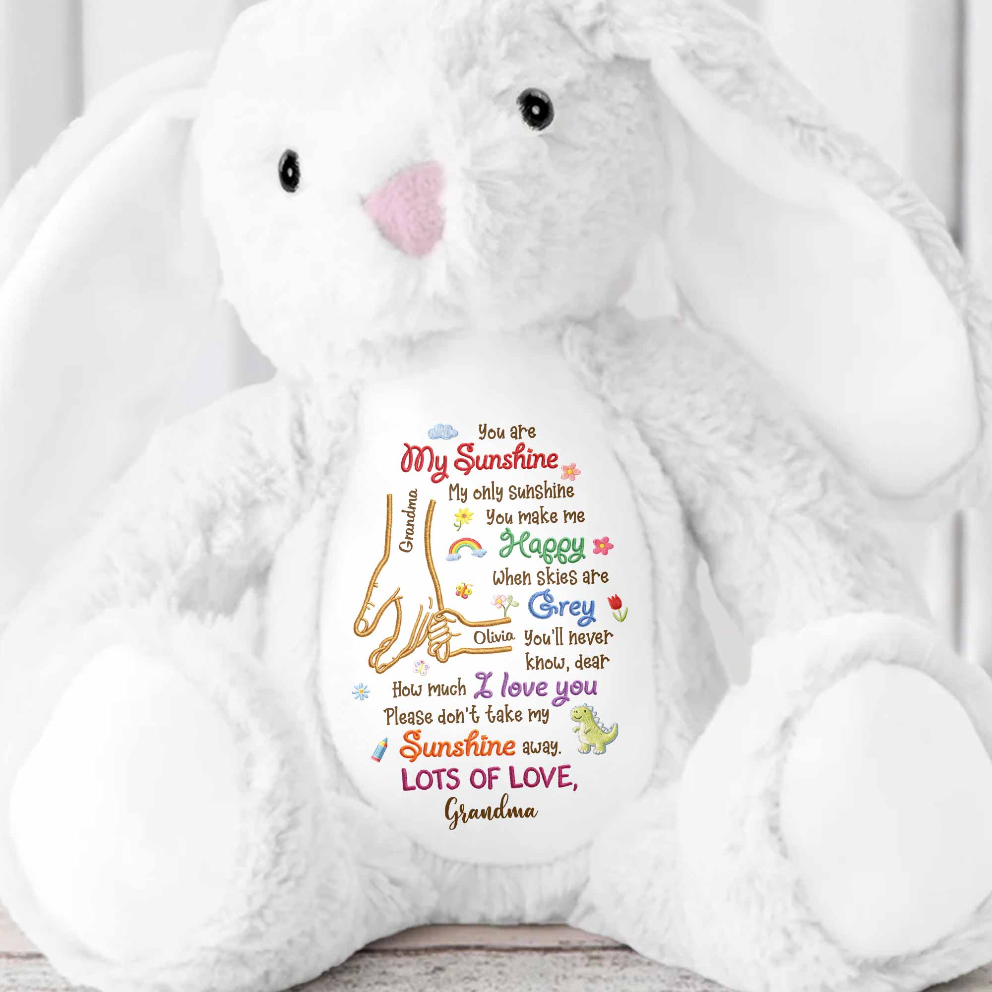You Are My Sunshine Holding Hands Flowers And Dinosaur Personalized Plush - Personalized Stuffed Bunny - GRK122_BUN - Image 4
