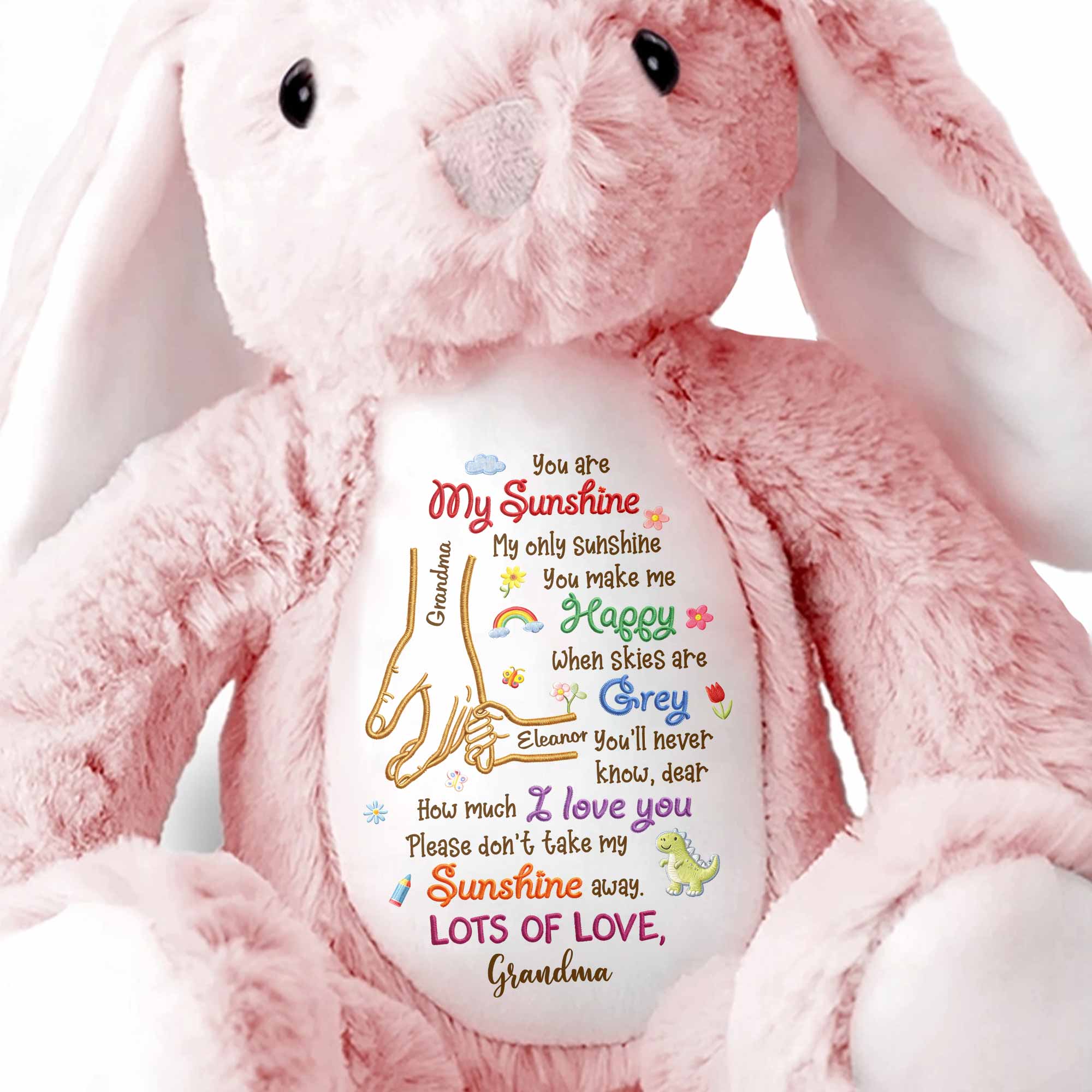 You Are My Sunshine Holding Hands Flowers And Dinosaur Personalized Plush - Personalized Stuffed Bunny - GRK122_BUN - Image 7